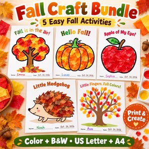 May include: A Fall Craft Bundle featuring five activity sheets with autumn themes including a tree, pumpkin, apple, hedgehog, and colorful tree. Each sheet displays text like Fall is in the air, Hello Fall, Apple of My Eye, Little Hedgehog, and Little Fingers, Fall Colors.