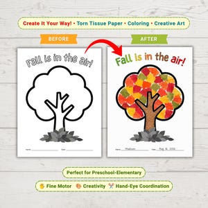 May include: A two-part educational activity sheet titled Fall is in the air. The left side shows a black and white tree outline for coloring. The right side shows the same tree filled with colorful torn tissue paper, with the name Madison and date.