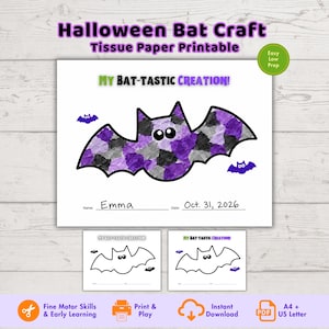 May include: A Halloween bat craft tissue paper printable featuring a large bat outline filled with purple, black, and grey tissue paper squares. The page includes the text MY BAT-TASTIC CREATION!, a name line filled with Emma, and a date line with Oct. 31, 2026.