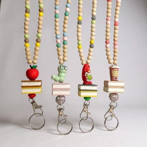 Handmade Beaded Teacher Lanyard: Apple, Bookworm, Gnome, Coffee Charm