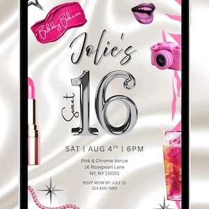 Pink Chrome Sweet 16 Invitation, Editable Canva Template, Y2K 16th Birthday Invite, Girly Sweet Sixteen Digital Invitation