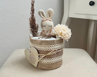 Tarta de pañales para niña con mordedor de conejito - Tarta de pañales para un nacimiento - Regalo de pañales - Regalo para bebé - Regalo de nacimiento