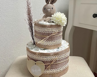 XXL Boho Windeltorte mit handgehäckeltem Greifring-Windeltorte neutral-Windeltorte Mädchen- Windeltorte Junge- Geschenk Geburt-Babygeschenk