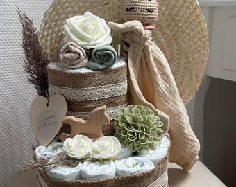Tarta de pañales XXL con peluche - Tarta de pañales neutra - Regalo de nacimiento - Tarta de pañales para niños y niñas