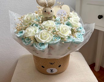 Ramo de pañales XXL estilo bohemio con tarta de pañales neutra para niños y niñas - Regalo para baby shower - Tarta de pañales neutra con anillo de dentición