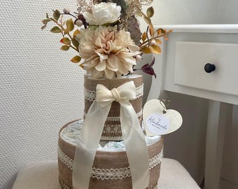 Gâteau de couches XXL style bohème - Gâteau de couches neutre - Gâteau de couches pour filles - Gâteau de couches pour garçons - Cadeau de naissance - Cadeau de baptême