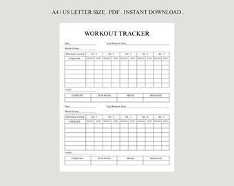 Workout Tracker Printable, Daily Exercise Log, A4/US Letter (Instant Download)