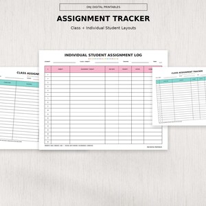 Op de afbeelding: Een digitale, printbare opdrachten-tracker set met drie verschillende lay-outs. De documenten bevatten een individueel logboek voor studenten met roze koppen en twee klassikale opdrachten-tracker bladen met turquoise koppen voor het bijhouden van taken.