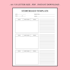 Könnte beinhalten: Eine schwarz-weiße Storyboard-Vorlage mit Abschnitten für Szene, Shot/Frame und Timing. Die Vorlage enthält Platz für Notizen und ist mit "STORYBOAED TEMPLATE" beschriftet. Oben auf der Vorlage steht ".A4/US LETTER SIZE. PDF. INSTANT DOWNLOAD."