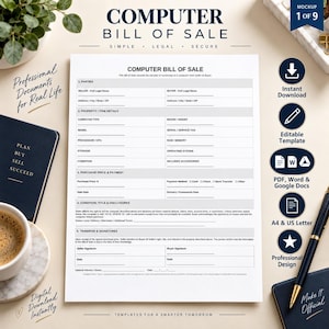 Può includere: Un modello di documento di fattura di vendita per computer bianco con sezioni per le parti, i dettagli dell'articolo, il prezzo di acquisto, il pagamento, le condizioni e le firme. Il modulo include campi per le informazioni del venditore e dell'acquirente.