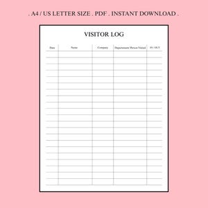 Puede incluir: Un registro de visitantes blanco con texto negro sobre un fondo rosa. El registro incluye campos para fecha, nombre, empresa, departamento/persona visitada y entrada/salida. El texto en la parte superior dice "VISITOR LOG" y "A4 / US LETTER SIZE . PDF . INSTANT DOWNLOAD."