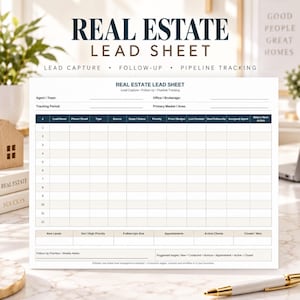 May include: A white real estate lead sheet template with dark blue headers and text. The document includes fields for agent information, tracking period, and a table with columns for lead name, contact details, status, and notes, plus a summary section.