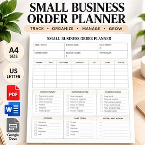 May include: A white paper Small Business Order Planner with black text and grid lines. The form includes sections for Week/Month, Business Name, Sales Target, Order Checklist, Customer Service, Inventory Check, Expenses, and Daily Totals.