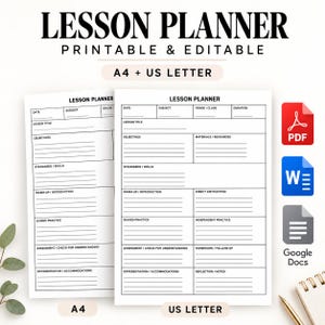 Peut inclure: Un modèle de planificateur de cours imprimable et modifiable aux formats A4 et US Letter. Le document comprend des sections pour la date, le sujet, le niveau, le titre, les objectifs, le matériel, les normes, l'introduction et les notes.