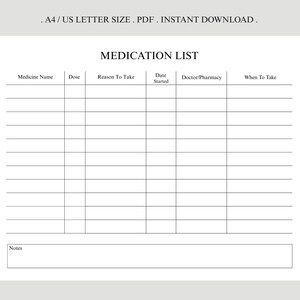 Puede incluir: Plantilla imprimible de lista de medicamentos en formato A4/US Letter, PDF, descarga instantánea. Incluye secciones para nombre del medicamento, dosis, motivo, fecha de inicio, médico/farmacia y cuándo tomarlo.