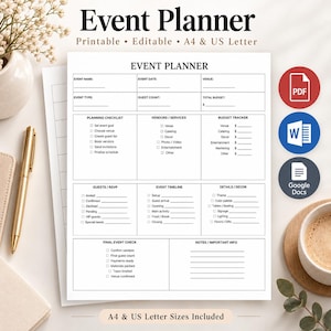 Può includere: Un documento pianificatore di eventi stampabile bianco con testo nero, che include sezioni per nome, data, luogo, budget, lista di controllo, fornitori, ospiti, cronologia e note. Include icone PDF, Word e Google Docs.