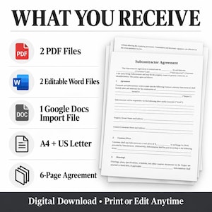 Könnte beinhalten: Ein digitales Dokumentenset mit dem Titel Subcontractor Agreement, bestehend aus 2 PDF-Dateien, 2 bearbeitbaren Word-Dateien und 1 Google Docs-Importdatei. Der 6-seitige Vertrag ist in den Formaten A4 und US Letter zum Download verfügbar.