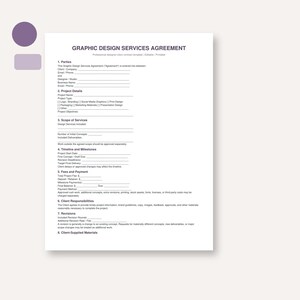 Peut inclure: Un document blanc intitulé Graphic Design Services Agreement avec du texte noir. Il comprend des sections pour les parties, les détails du projet, la portée des services, le calendrier, les paiements, les responsabilités et les révisions.