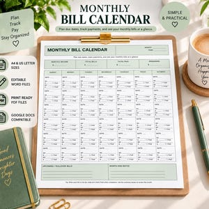 Puede incluir: Un calendario mensual de facturas impreso en papel blanco con detalles en verde salvia, sujeto a un portapapeles de madera. El documento incluye secciones para ingresos, facturas y pagos. Contiene texto como MONTHLY BILL CALENDAR, Plan due dates, track payments, and see your monthly bills at a glance, y Tip: Write each bill on its due date and check Paid when completed.
