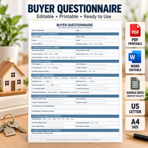 Puede incluir: Un formulario de cuestionario para compradores en blanco con encabezados azules y campos de texto para la captación de clientes inmobiliarios. El documento incluye secciones para datos de contacto, búsqueda, financiación y preferencias.