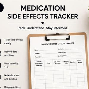 Op de afbeelding: Een wit formulier voor het bijhouden van bijwerkingen van medicatie op een klembord met een zwarte pen. Het formulier bevat velden voor naam, medicatie, dosering, startdatum, voorschrijver en een tabel voor het noteren van datum en ernst.