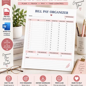 May include: A printable bill pay organiser document featuring a table with columns for paid status, bill name, due date, amount due, amount paid, and unpaid balance. The document includes sections for month, starting balance, totals, and notes.