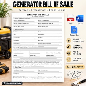 May include: A Generator Bill of Sale template featuring sections for seller and buyer information, item description, sale terms, and ownership warranty. The document includes fields for generator details and signatures, available in A4 and US Letter sizes.