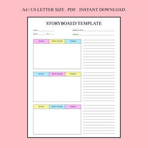 Könnte beinhalten: Eine weiße Storyboard-Vorlage auf rosa Hintergrund. Die Vorlage enthält Abschnitte für Szene, Shot Frame und Timing mit Linien für Notizen. Der Text oben lautet: .A4 / US LETTER SIZE . PDF . INSTANT DOWNLOAD.