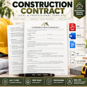 Construction Contract Template, Contractor Agreement, General Contractor Contract, Construction Project Agreement, Editable PDF Word  Docs