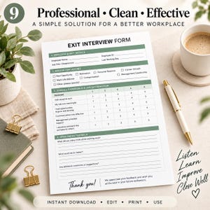 May include: A printed exit interview form with sections for employee details, reasons for leaving, job satisfaction ratings, and open-ended feedback. The document features green headers, black text, and lines for writing. It is presented as a professional template.