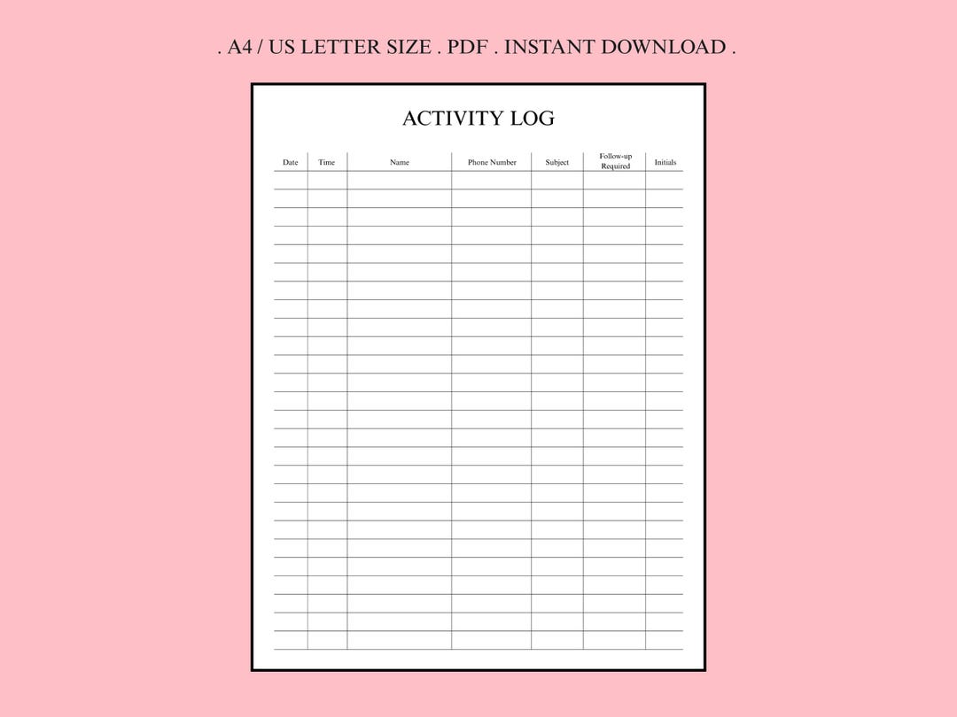 Daily Activity Log Template, Phone Call Tracker (PDF Download A4/US ...
