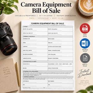 Peut inclure: Un modèle de document imprimable de facture de vente pour équipement photo comprenant des sections pour les parties, les détails de l'article, le prix d'achat et les signatures. Le formulaire inclut des champs pour les informations.