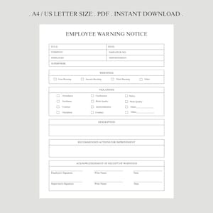 Può includere: Un modello stampabile di avviso di richiamo per dipendenti in formato PDF. Il documento include campi per titolo, azienda, dettagli del dipendente e sezioni per avvisi, violazioni, descrizione e azioni consigliate. Il documento è in formato A4/US Letter.