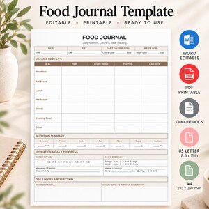 Op de afbeelding: Een wit voedingsdagboek-sjabloon met zwarte tekst en bruine koppen. Het document bevat secties voor dagelijkse voeding, calorie- en maaltijdregistratie, hydratatie en notities. Compatibel met Word, PDF en Google Docs.
