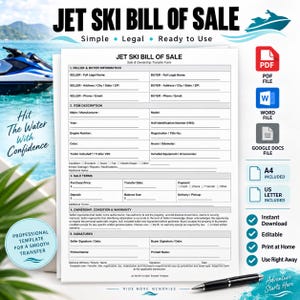 Peut inclure: Un modèle de document de facture de vente de jet ski comprenant des sections pour les informations du vendeur et de l'acheteur, la description de l'article, les conditions de vente, la propriété, l'état, la garantie et les signatures.