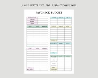 Paycheck Budget with color : (PDF, US Letter & A4)