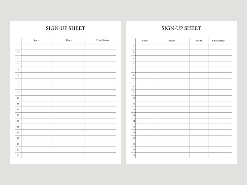 Sign Up Rows Printable Sign up Sheet Template, Event Form (A4/US Letter) (digital ...