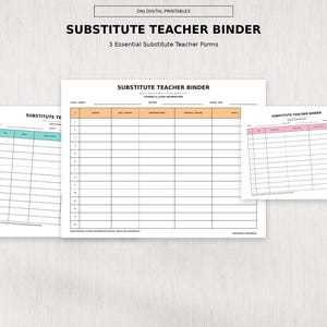 Può includere: Un set di tre moduli stampabili per raccoglitori da insegnante supplente con il testo Substitute Teacher Binder. I documenti includono un foglio per le informazioni su studenti e classe con intestazioni arancioni, un piano giornaliero e un referto medico rosa.