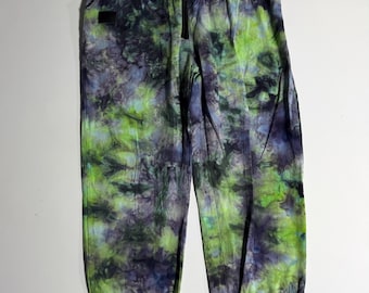 Hand-Dyed Cotton Joggers – Ice Dye Black/Kelly Green Pockets Drawstrings (Small)