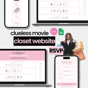以下が含まれることがあります： 映画『クルーレス』のクローゼットウェブサイト用デジタルデザインテンプレート。ノートパソコンとスマートフォンに衣類カテゴリー、RSVPフォーム、買い物袋を持ったキャラクターのグラフィックが表示されており、Canva、RSVP、Clueless movie closet websiteというテキストが含まれています。