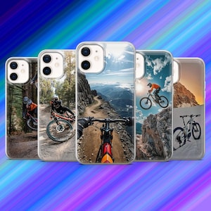 May include: A set of clear phone cases displaying mountain biking images. Each case presents a different action shot of cyclists on trails and mountain peaks, with vivid colours and dynamic compositions.
