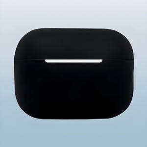 May include: A black protective case for wireless earbuds. The case has a smooth, matte finish and a small white accent line near the top. The rounded rectangular shape is designed to fit the earbuds perfectly.