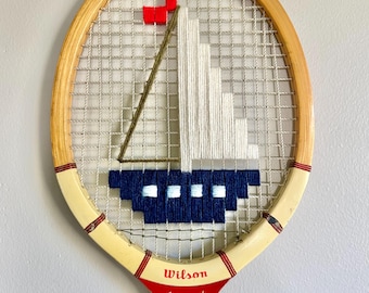 Ivory/Navy Sailboat Embroidered Vintage Tennis Racket – Coastal Wall Art