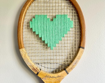 Tennis Art Jade Green Heart Embroidered Vintage Wood Racket