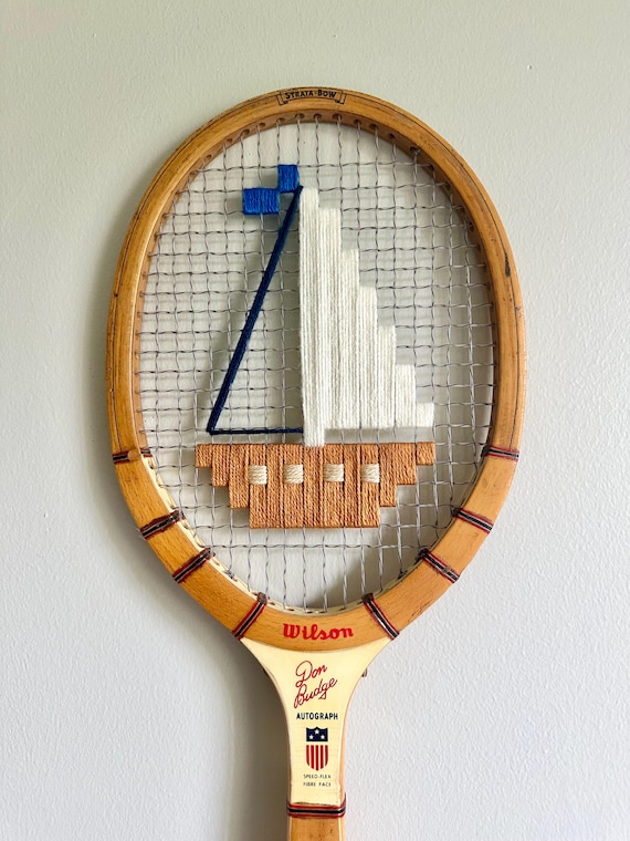 Sandstone Sailboat Embroidered Vintage Tennis Racket – Coastal Wall Art