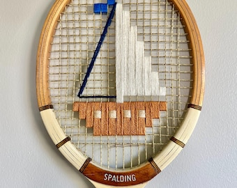 Sandstone Sailboat Embroidered Vintage Tennis Racket – Coastal Wall Art