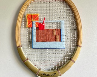 Bar Artwork ‘Old Fashioned’ Embroidered Vintage Tennis Racket