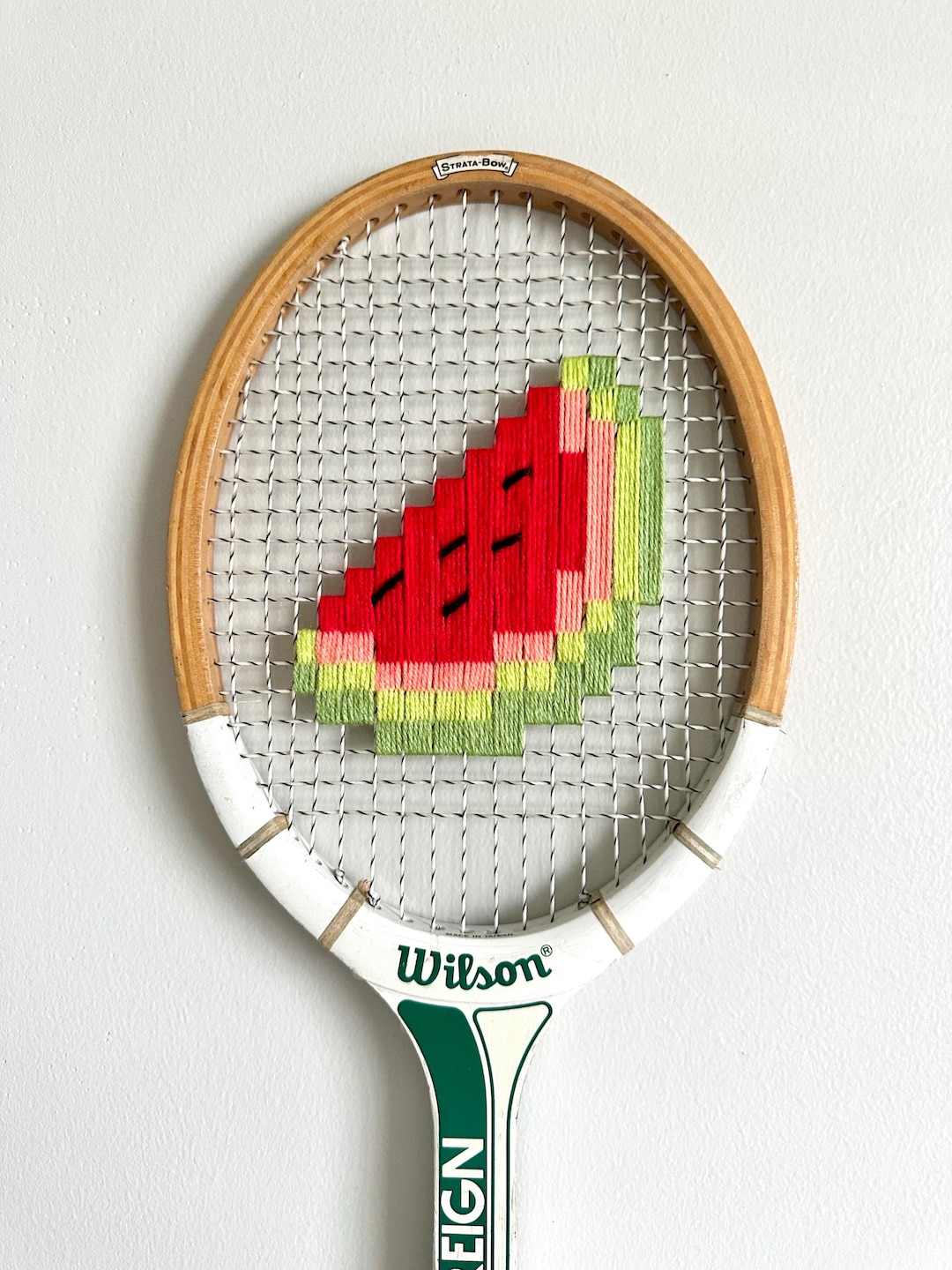 Watermelon Embroidered Vintage Tennis Racket | Colorful Summer Wall Art ...