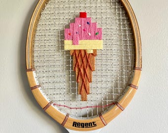 Ice Cream Embroidered Vintage Wood Tennis Racket - Summer Wall Art