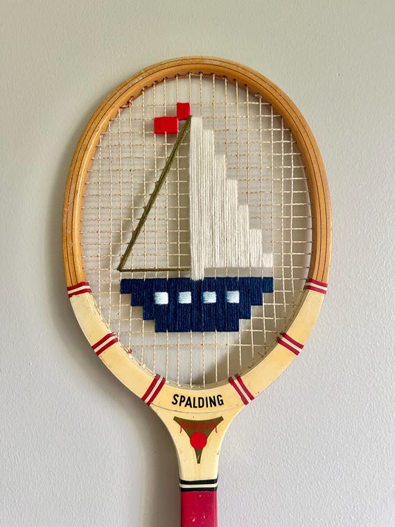 Ivory/Navy Sailboat Embroidered Vintage Tennis Racket – Coastal Wall Art